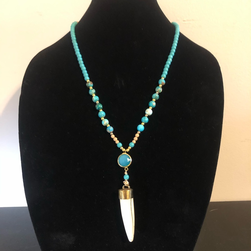 Carved horn pendant with turquoise connector and turquoise and jasper beads